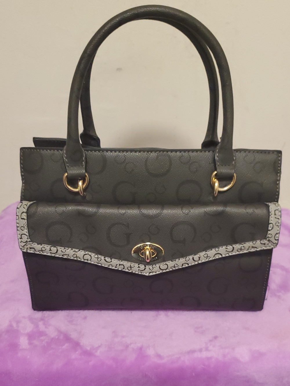 Guess Black Logo-Print Top-Handle Satchel with Gray Trim